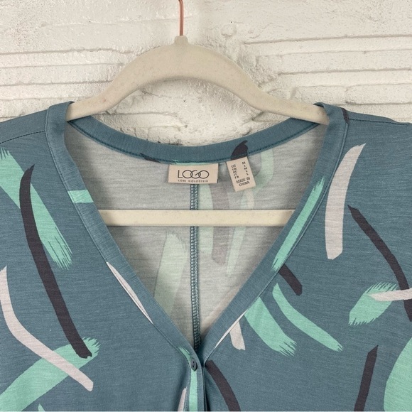LOGO by Lori Goldstein Button Front Knit Cardigan Tunic Teal Abstract Print M - Picture 3 of 16